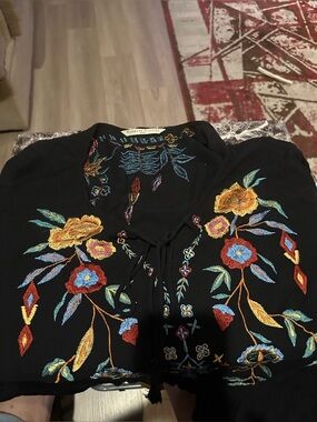 Embroidered Black Boho Peasant Top with Multicolor Floral Detail Wayward Fancies